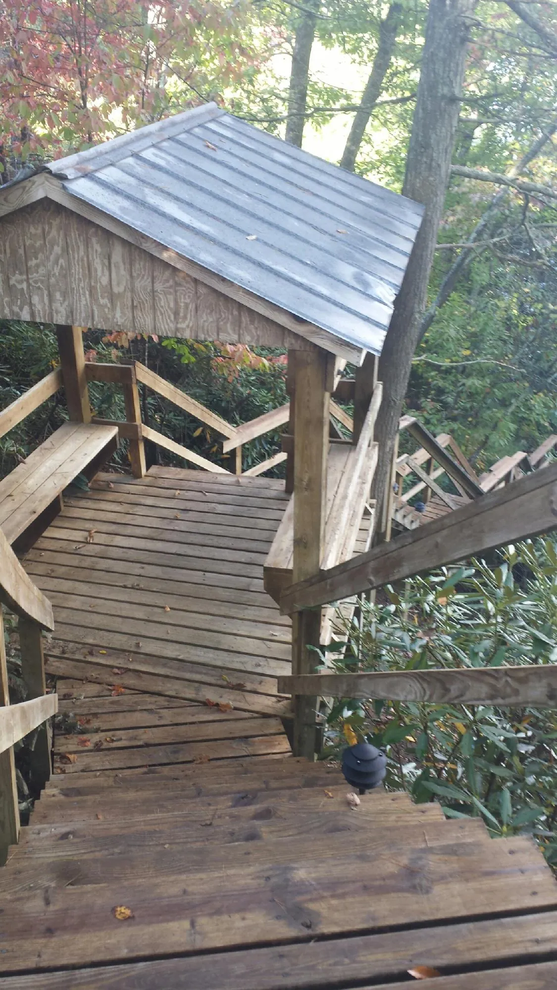 Metal roofed shelter over wooden steps on a wooded walkway — Skylight Repair & Installation work by our crew in Silver Star
