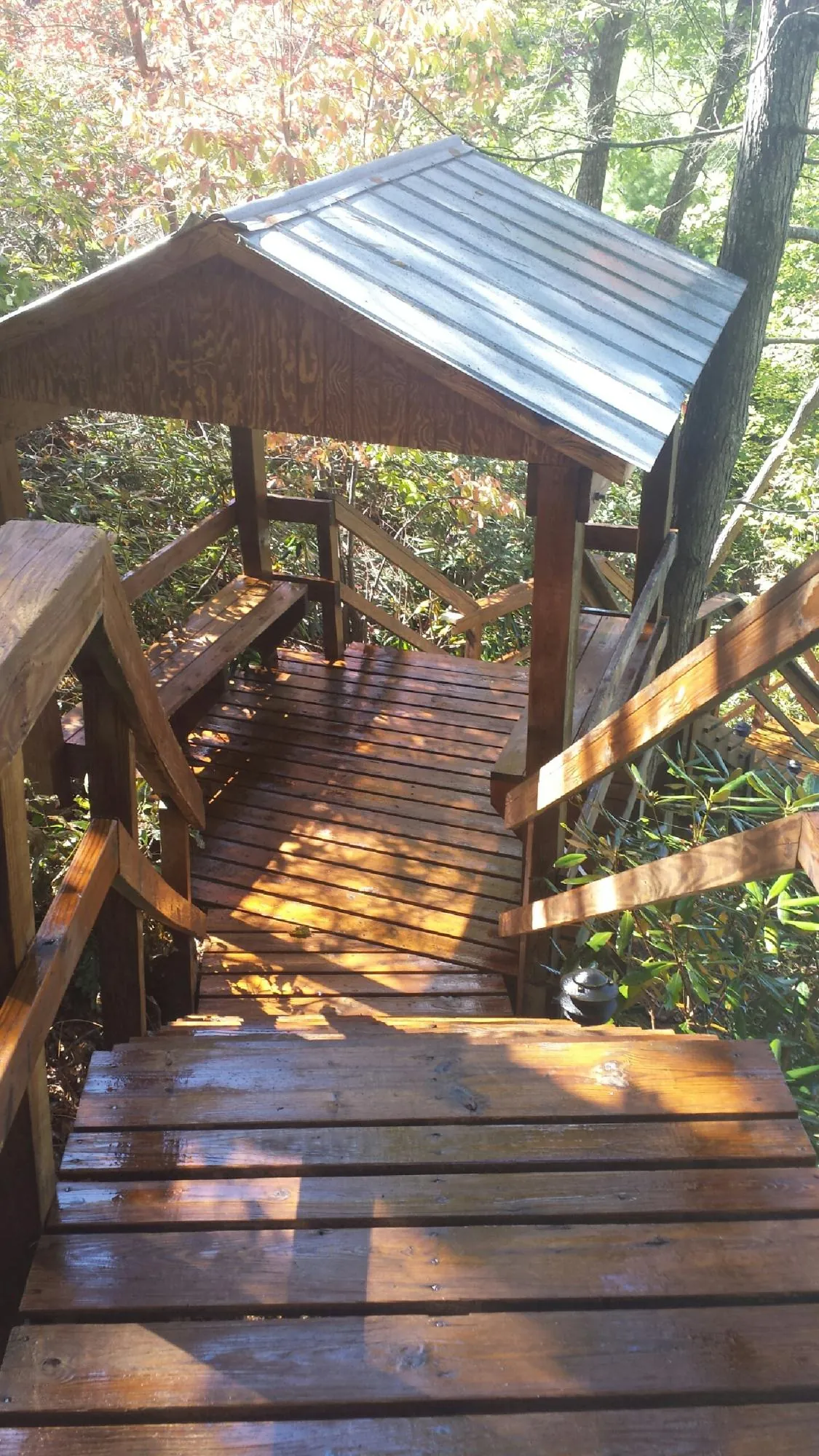 Freshly stained wood walkway and covered shelter with a metal roof in Silver Star